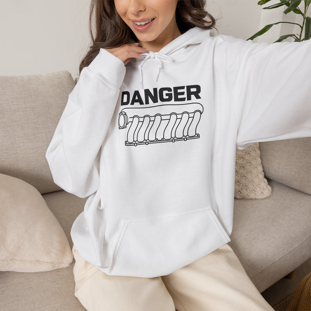 White pullover hoodie with “DANGER” engine graphic and front pouch pocket