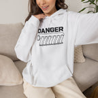 White pullover hoodie with “DANGER” engine graphic and front pouch pocket