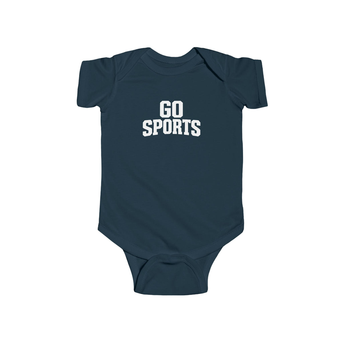 Navy blue baby bodysuit with 'GO SPORTS' chest logo, short sleeves
