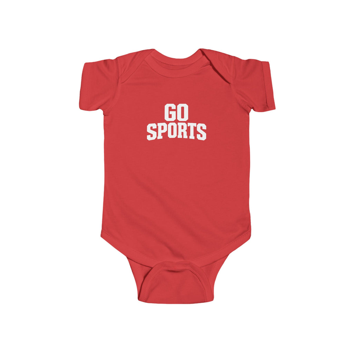 Red baby bodysuit with short sleeves and 'GO SPORTS' chest graphic.