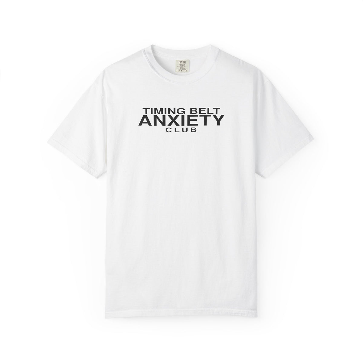 White T-shirt with 'Timing Belt Anxiety Club' logo graphic