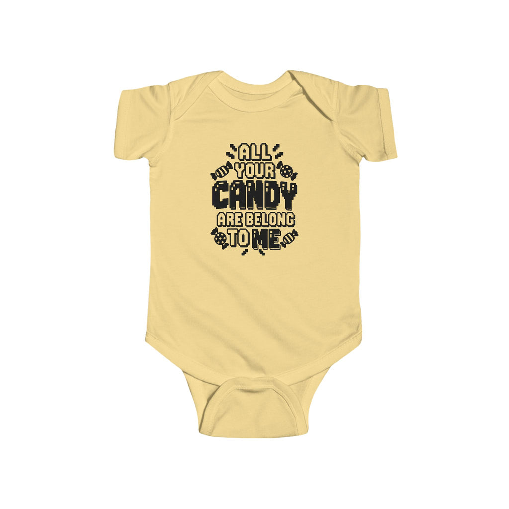 Butter yellow baby bodysuit with candy-themed text graphic on the front