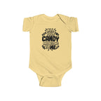 Butter yellow baby bodysuit with candy-themed text graphic on the front