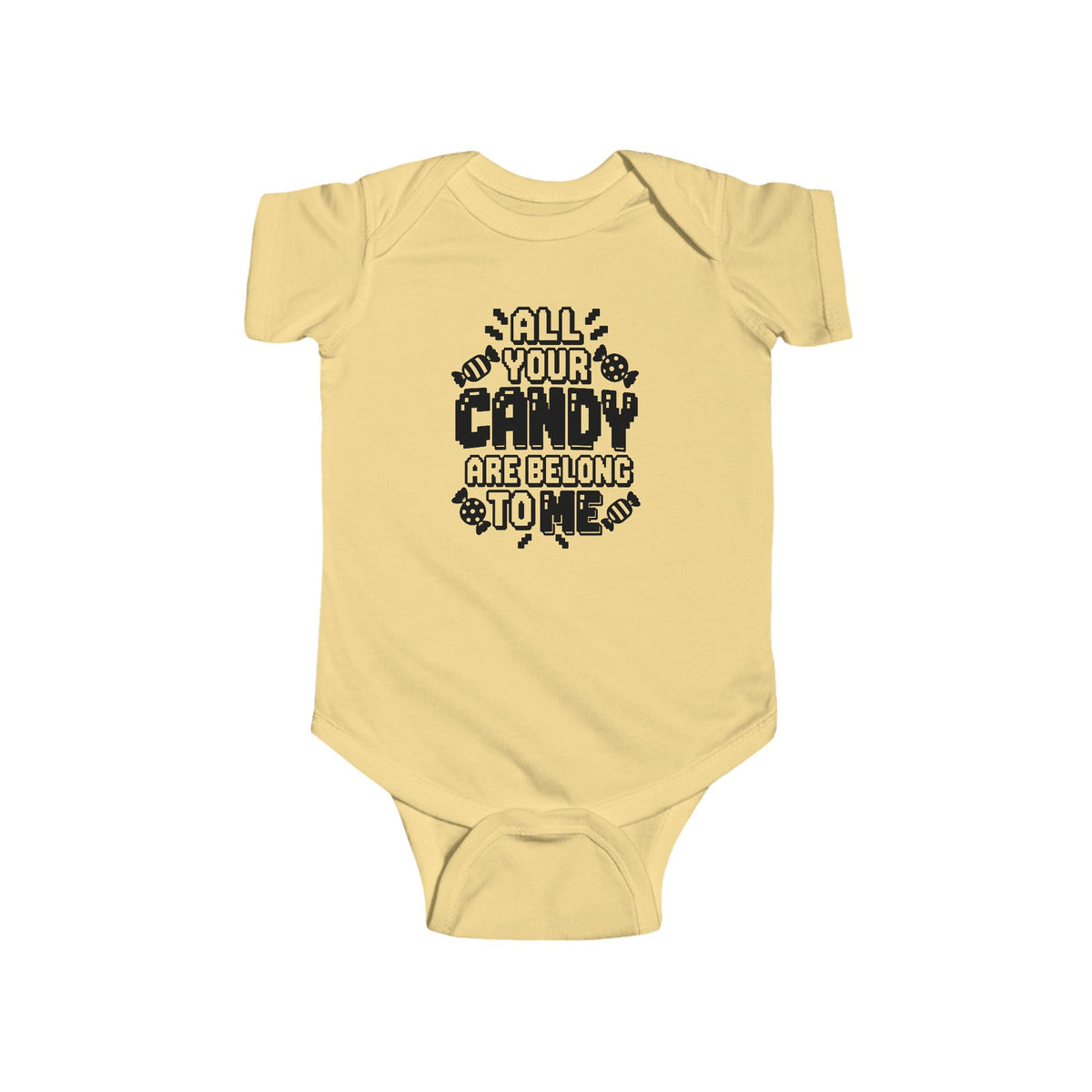 Butter yellow baby bodysuit with candy-themed text graphic on the front