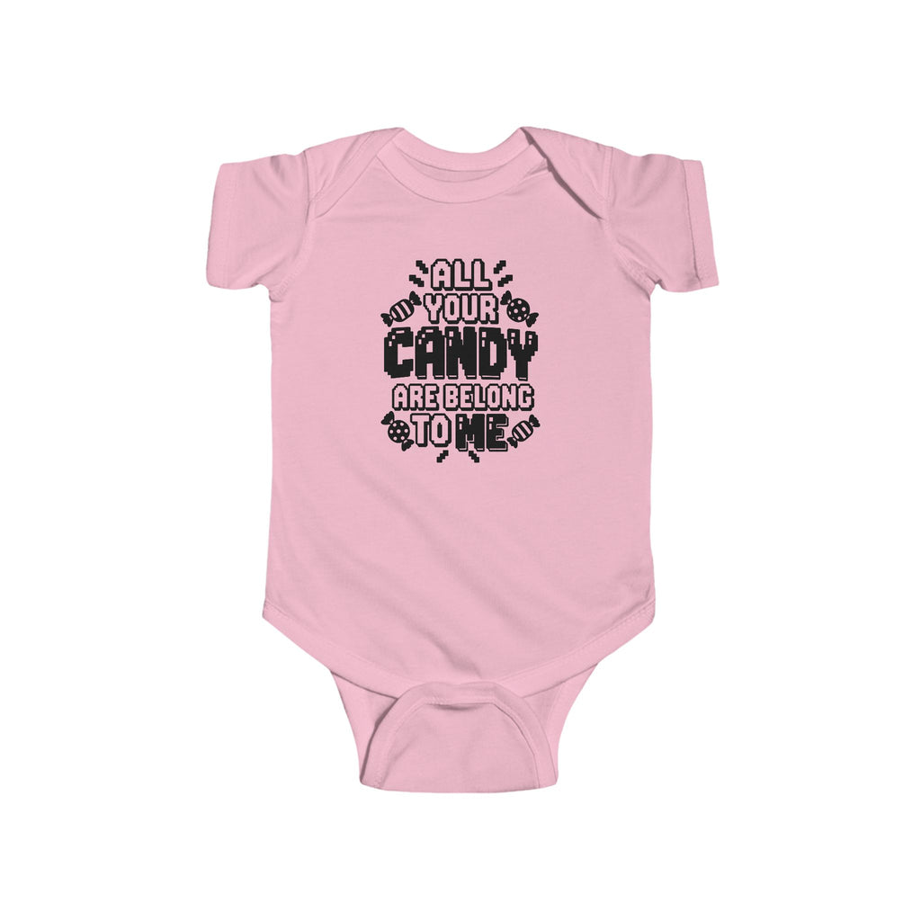 Pink baby bodysuit with candy-themed text graphic on the front