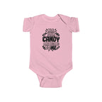 Pink baby bodysuit with candy-themed text graphic on the front