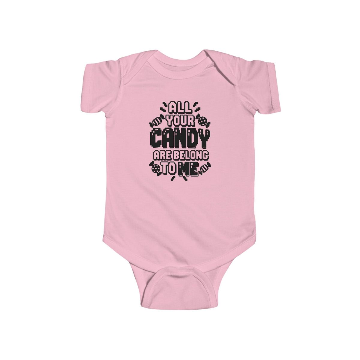 Pink baby bodysuit with candy-themed text graphic on the front