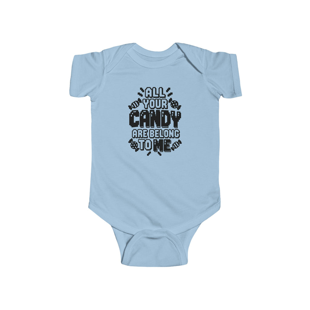 Light blue baby bodysuit with candy-themed text graphic on the front