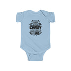 Light blue baby bodysuit with candy-themed text graphic on the front