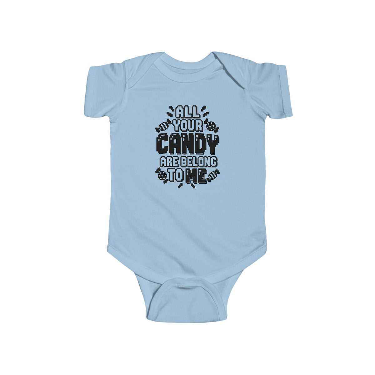 Light blue baby bodysuit with candy-themed text graphic on the front