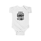 White baby bodysuit with candy-themed text graphic on the front