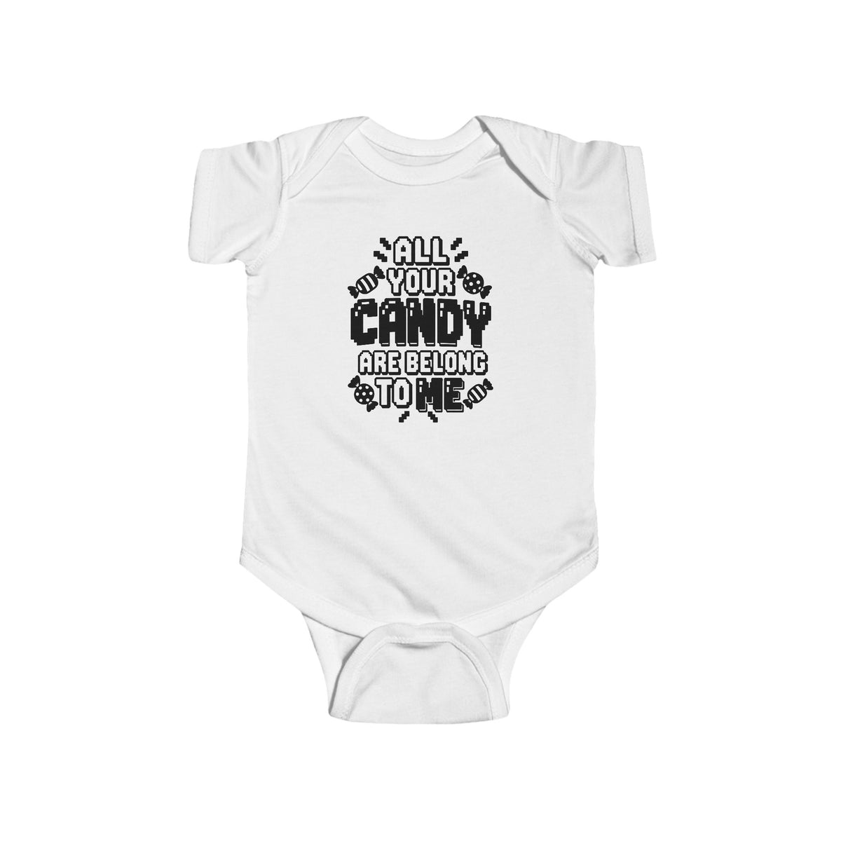 White baby bodysuit with candy-themed text graphic on the front