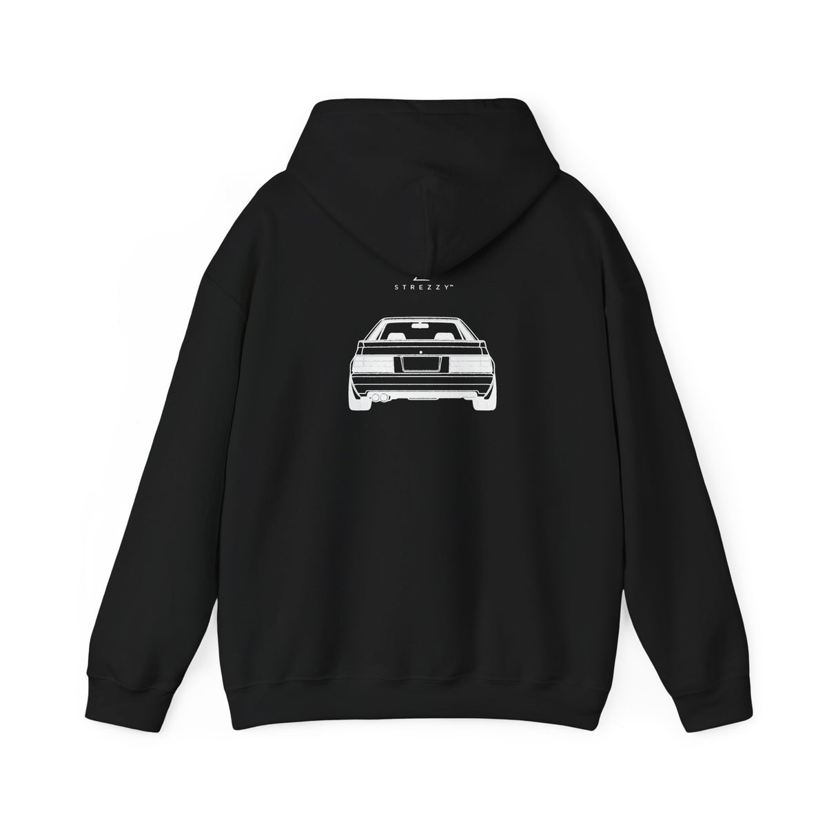 Black JDM hoodie with hood and centered car graphic on back.