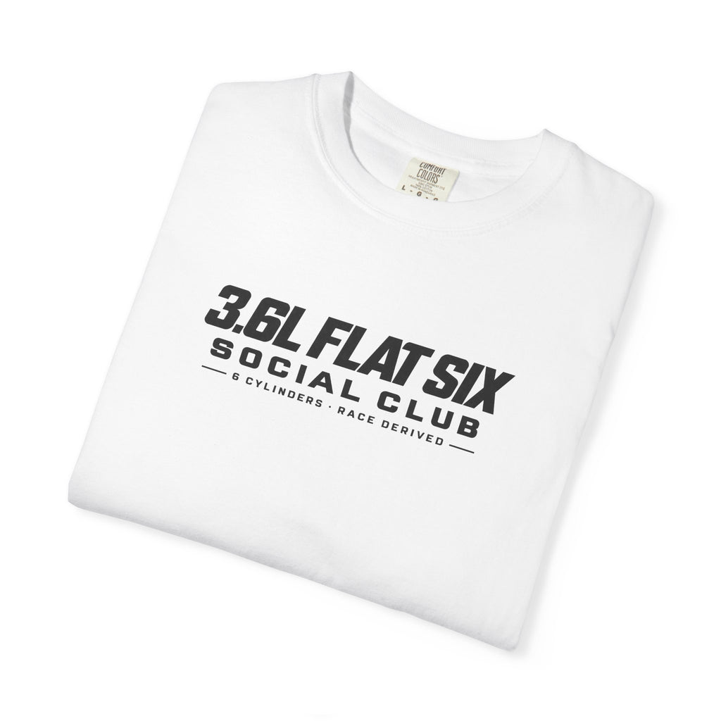 White crewneck t-shirt with front race text logo graphic