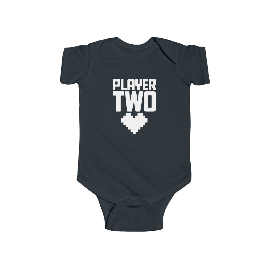Black baby bodysuit with short sleeves and 'Player Two' heart controller graphic