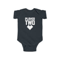 Black baby bodysuit with short sleeves and 'Player Two' heart controller graphic