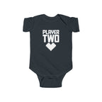 Black baby bodysuit with short sleeves and 'Player Two' heart controller graphic