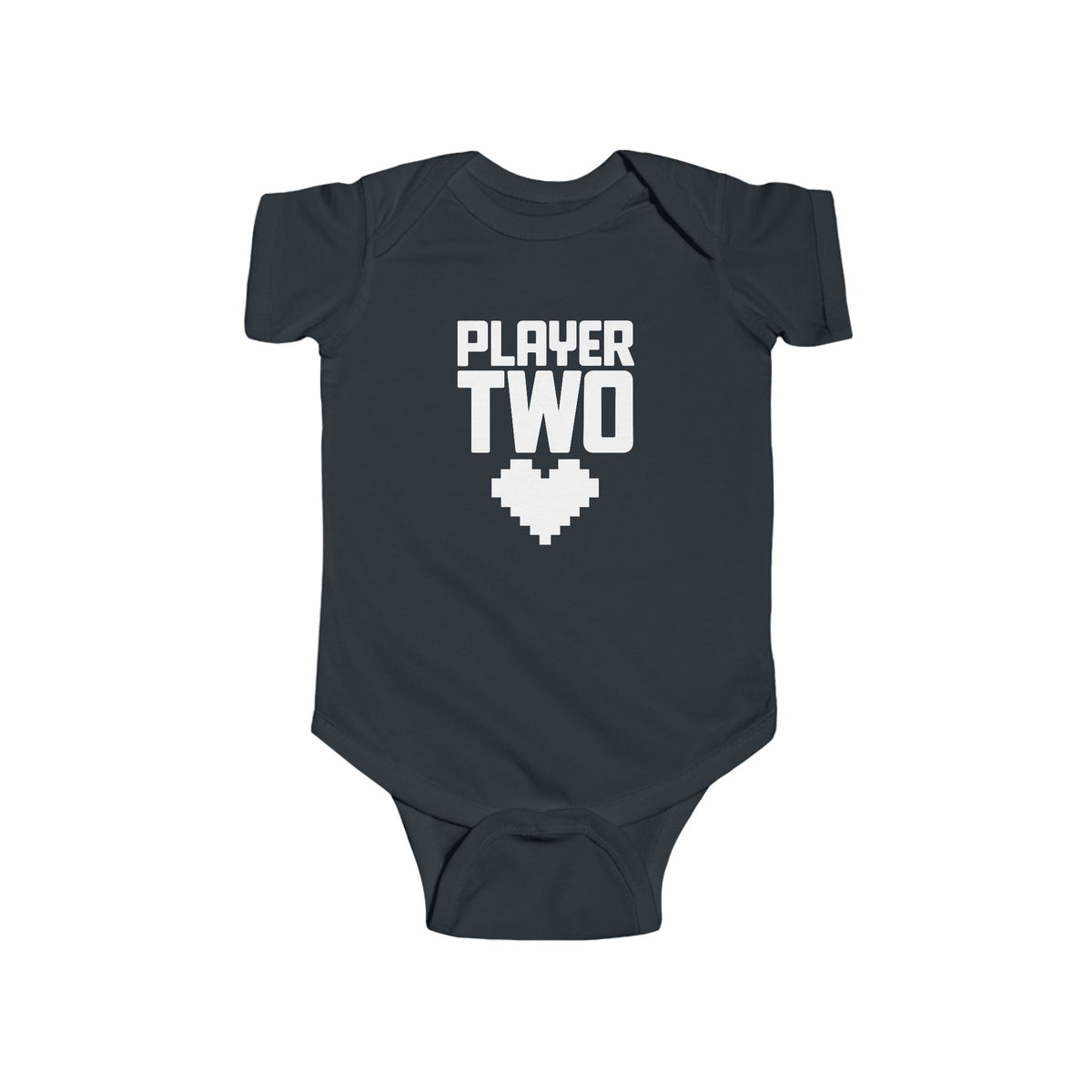 Black baby bodysuit with short sleeves and 'Player Two' heart controller graphic