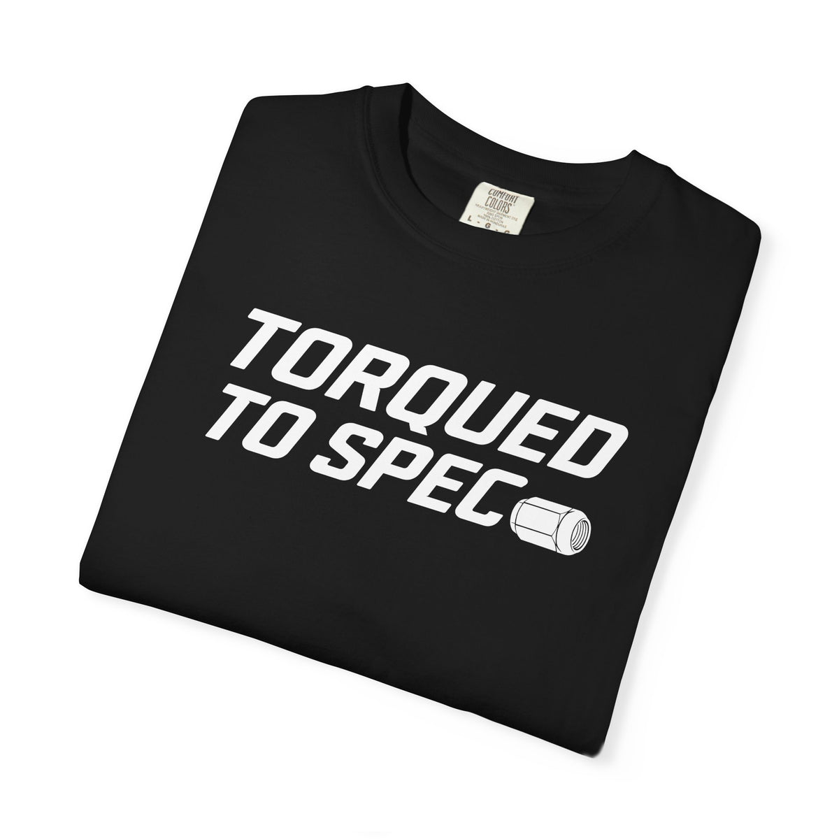 Black crewneck graphic T-shirt with “TORQUED TO SPEC” print and small can icon