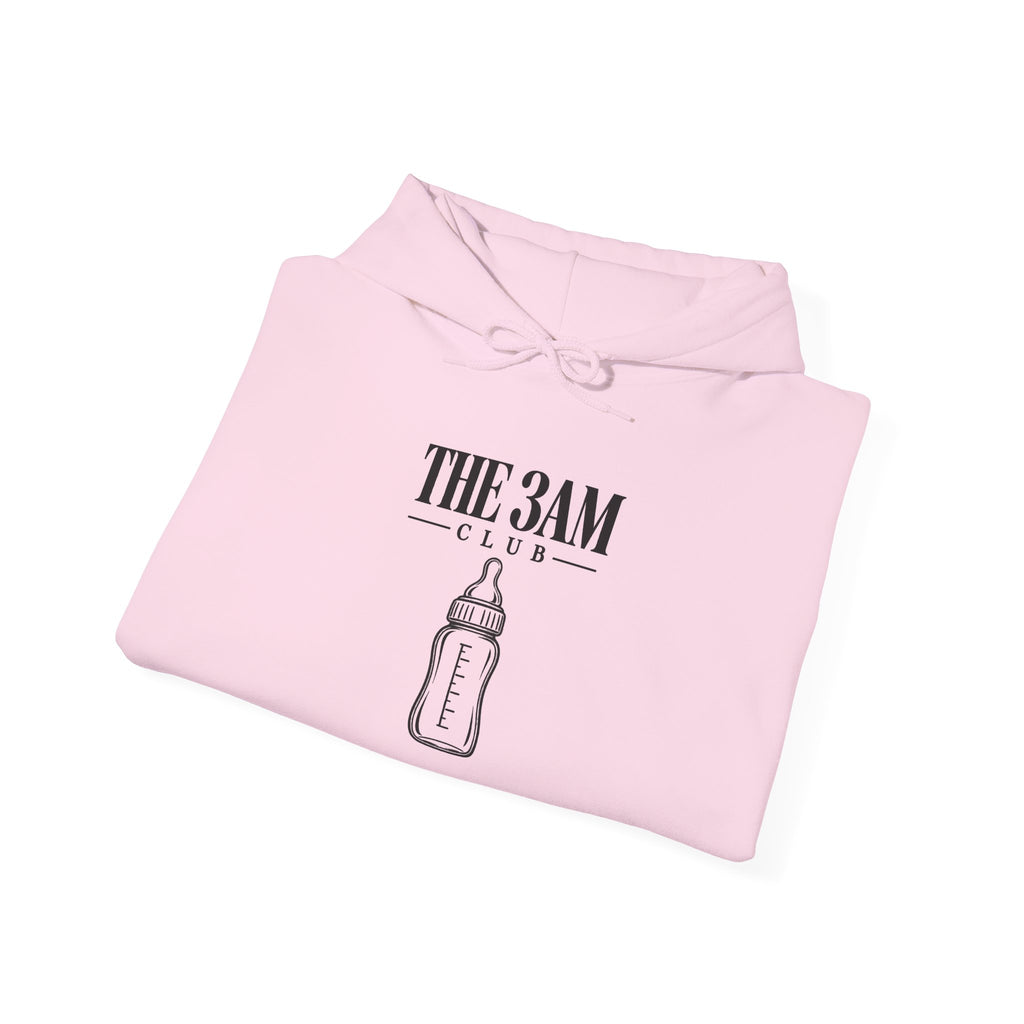 Light pink baby hoodie front graphic: “THE 3AM CLUB” bottle icon