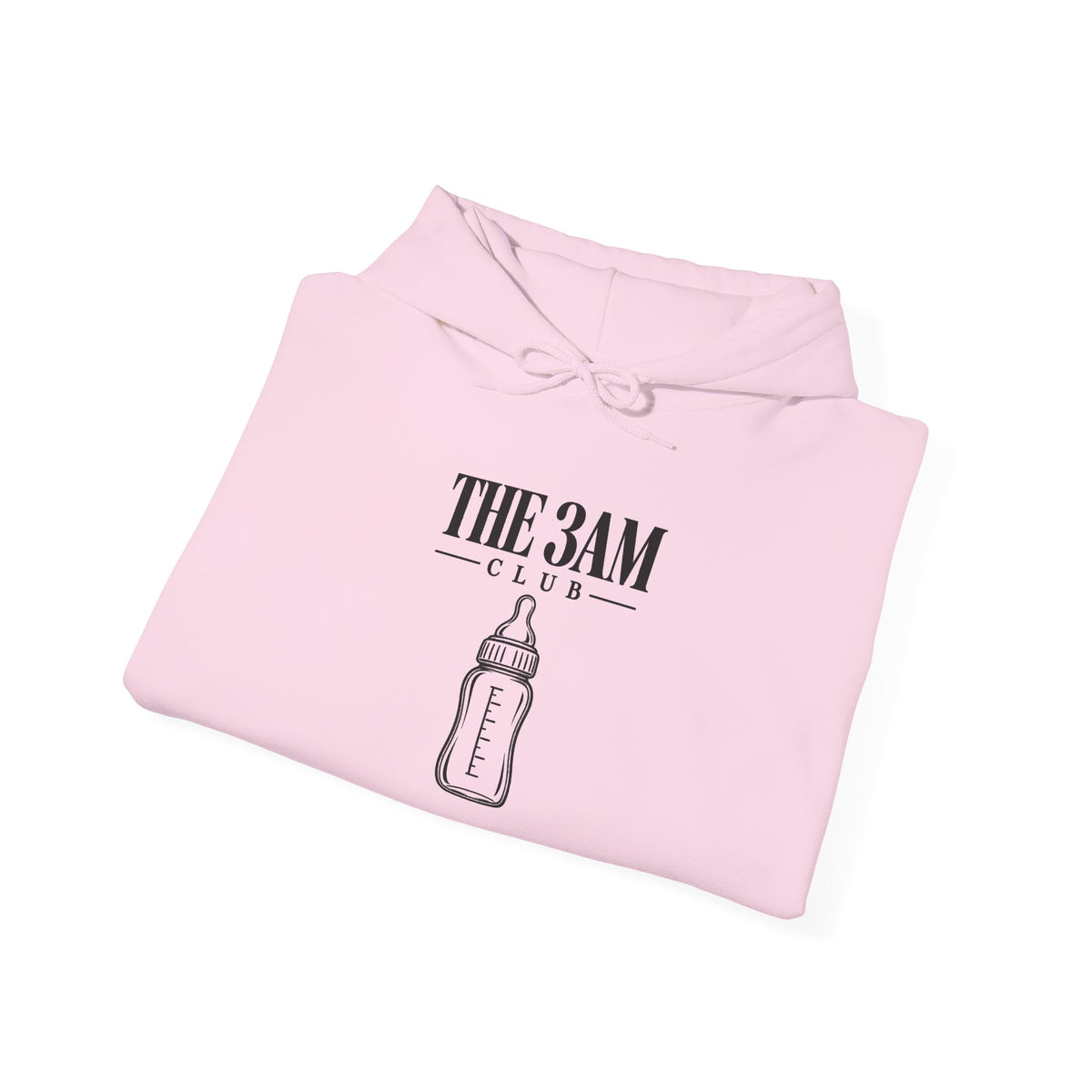 Light pink baby hoodie front graphic: “THE 3AM CLUB” bottle icon
