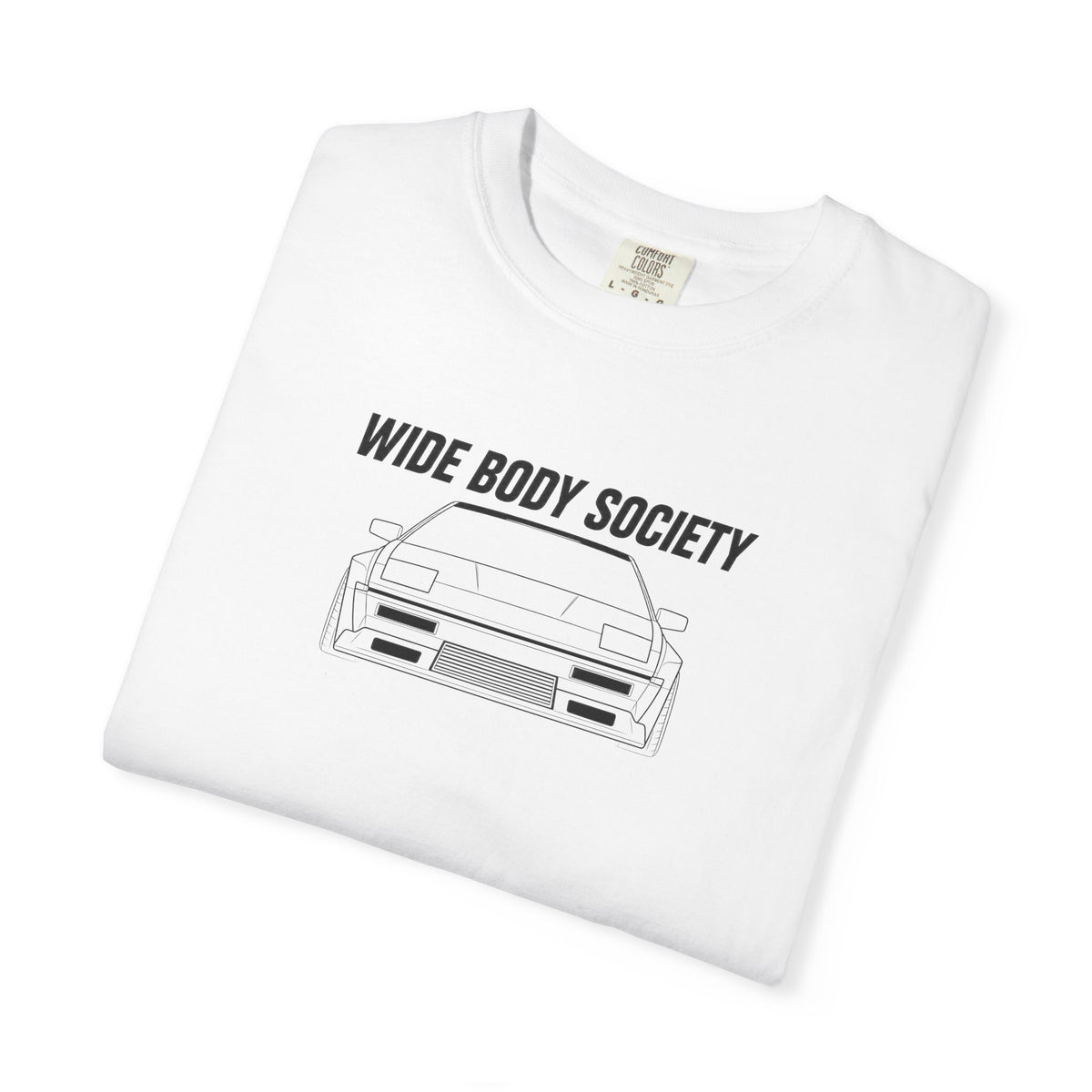 White JDM t-shirt close-up with Wide Body Society text and car outline
