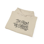 Sand hoodie with 'I'm From The Streets' graphic and drawstring hood