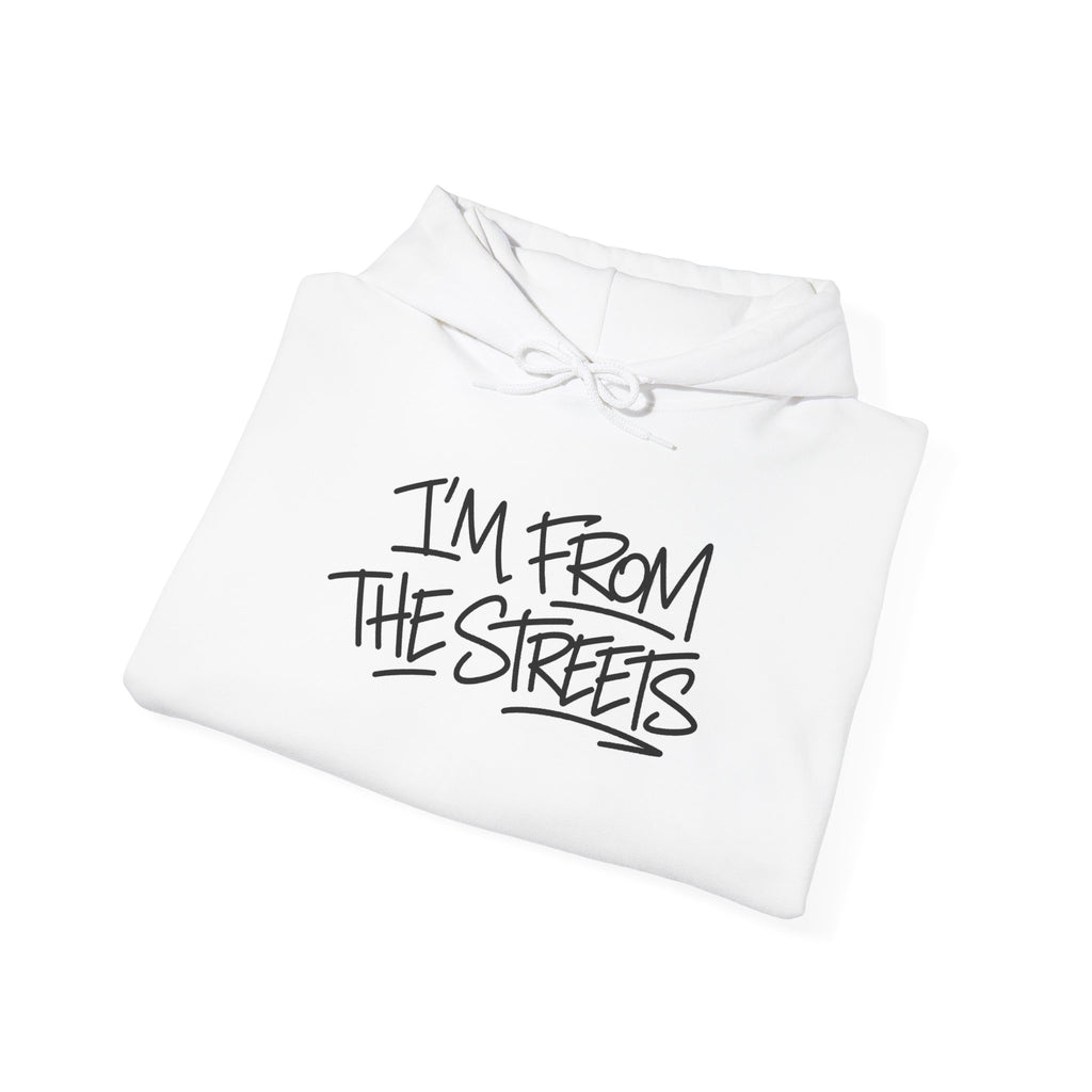White hoodie with drawstring hood and black street-map graphic on the front