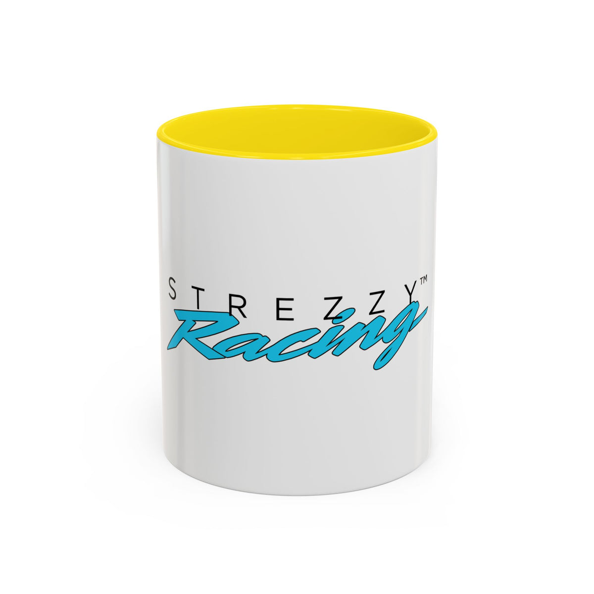 Racing accent mug with yellow interior and rim, white body, teal “Racing” graphic