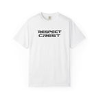 White crewneck T-shirt with "RESPECT CREST" logo graphic on the front