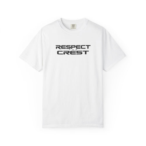 White crewneck T-shirt with "RESPECT CREST" logo graphic on the front