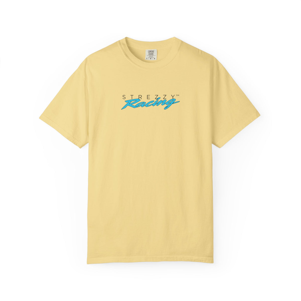 Butter yellow short-sleeve crewneck t-shirt with colorful Strezzy Racing logo on chest