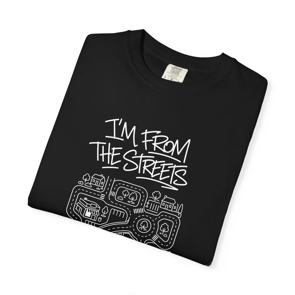 Black crewneck T-shirt with front "I'm From The Streets" map logo print