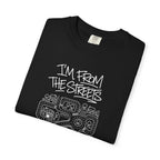 Black crewneck T-shirt with front "I'm From The Streets" map logo print