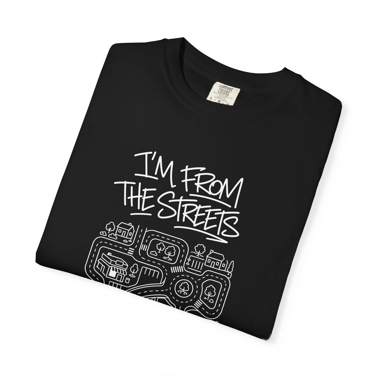 Black crewneck T-shirt with front "I'm From The Streets" map logo print