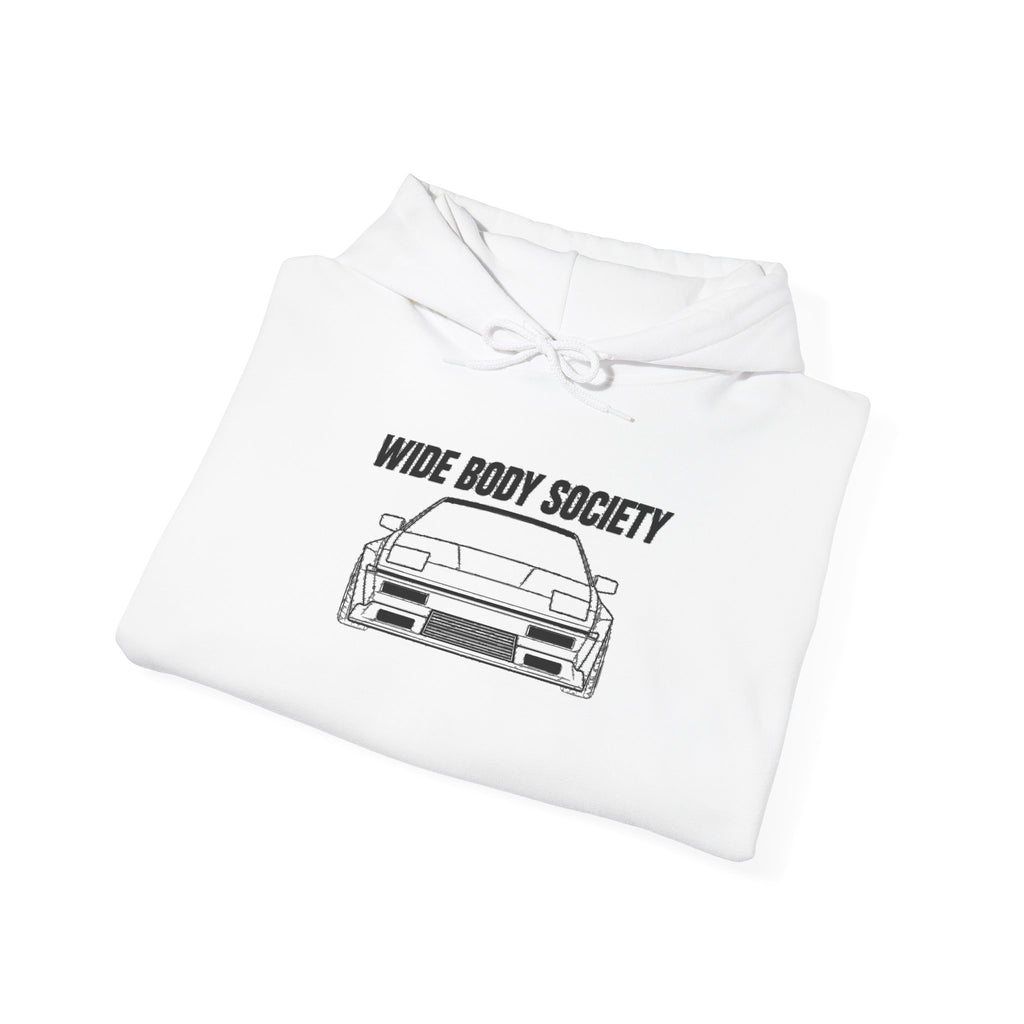 White JDM hoodie with drawstring hood and front car graphic print.
