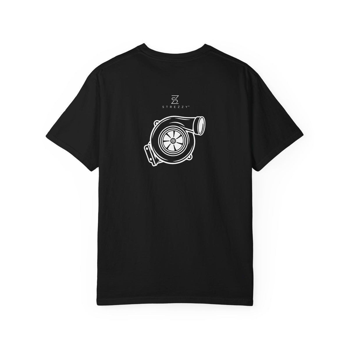 Black crew-neck T-shirt with small turbo emblem graphic on chest