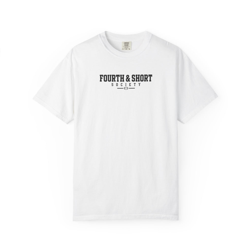 White crew-neck football t-shirt with “FOURTH & SHORT SOCIETY” chest logo graphic.