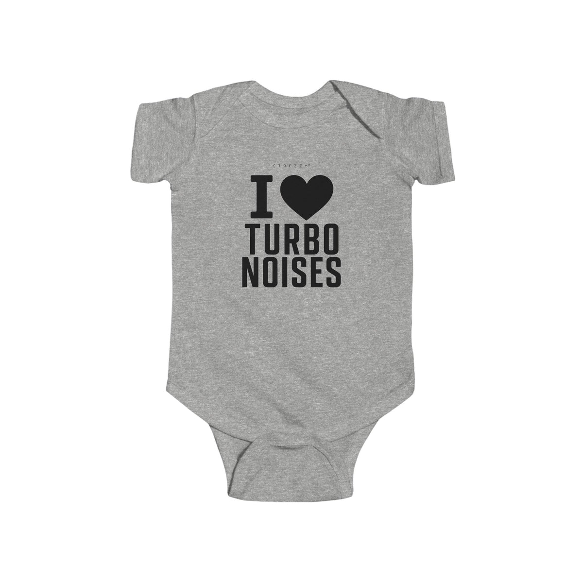 Heather gray baby bodysuit with 'I heart TURBO NOISES' print