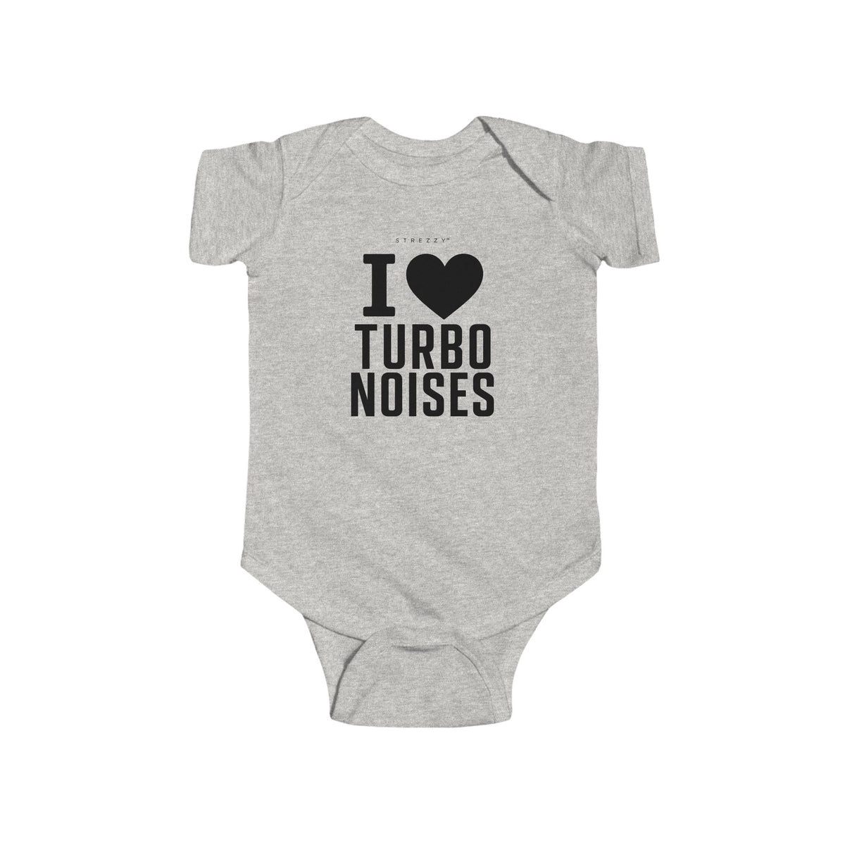 Heather gray baby bodysuit with 'I heart TURBO NOISES' print