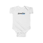 White baby bodysuit with short sleeves and front graphic logo