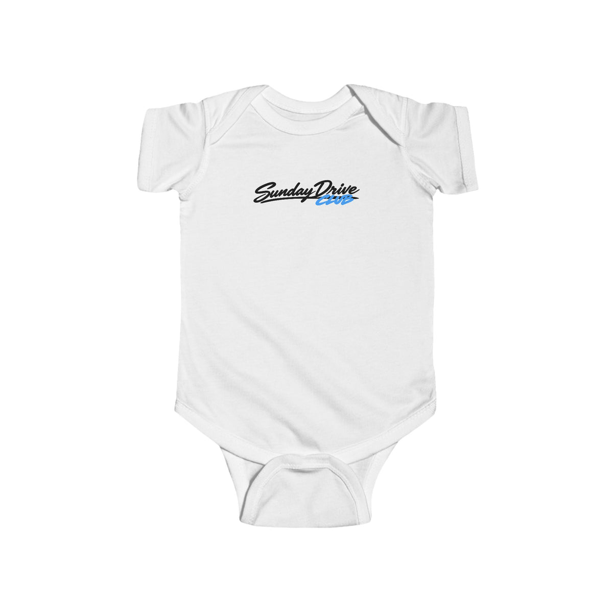 White baby bodysuit with short sleeves and front graphic logo