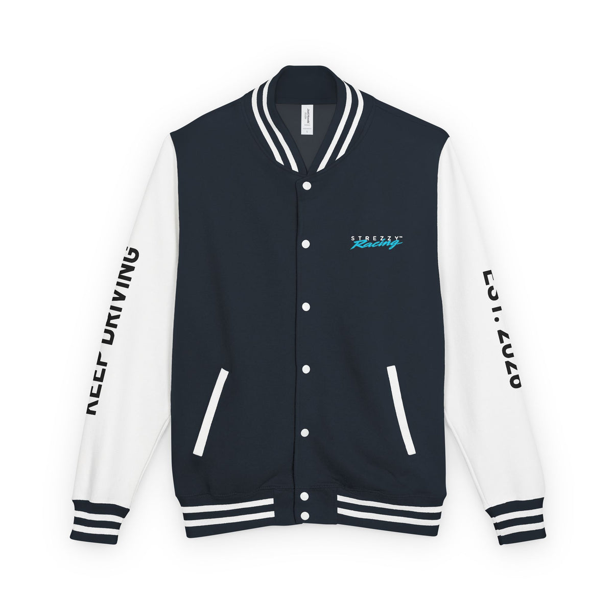 Black varsity racing jacket with white sleeves, striped rib trim, snap-button front, chest logo