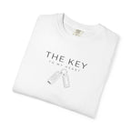 White crew-neck T-shirt with 'THE KEY TO MY HEART' and key graphic.
