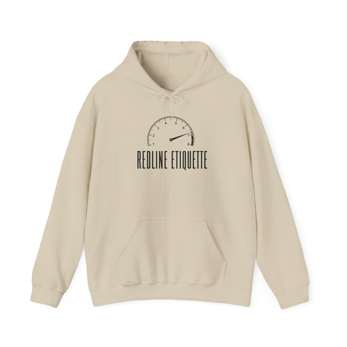 Beige hoodie with drawstring hood, kangaroo pocket, chest Redline Etiquette graphic