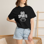 Black football T-shirt with Go Sports logo, worn with light denim shorts