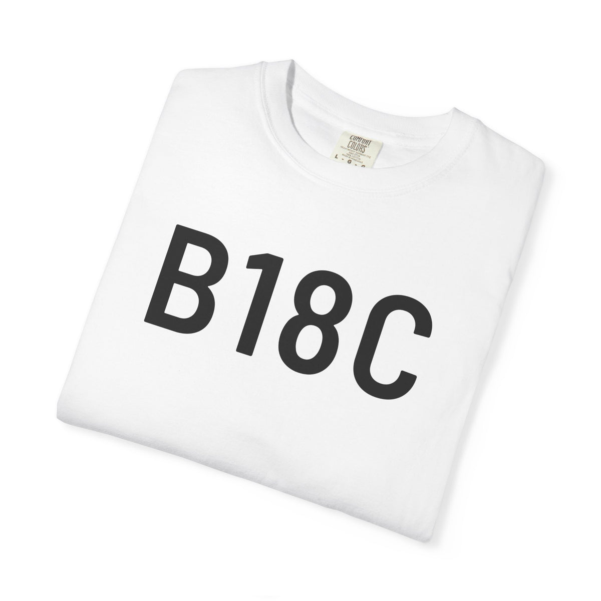 White graphic T-shirt with large black “B18C” print on the chest
