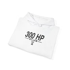 Folded white pullover hoodie with drawstring hood and front logo graphic
