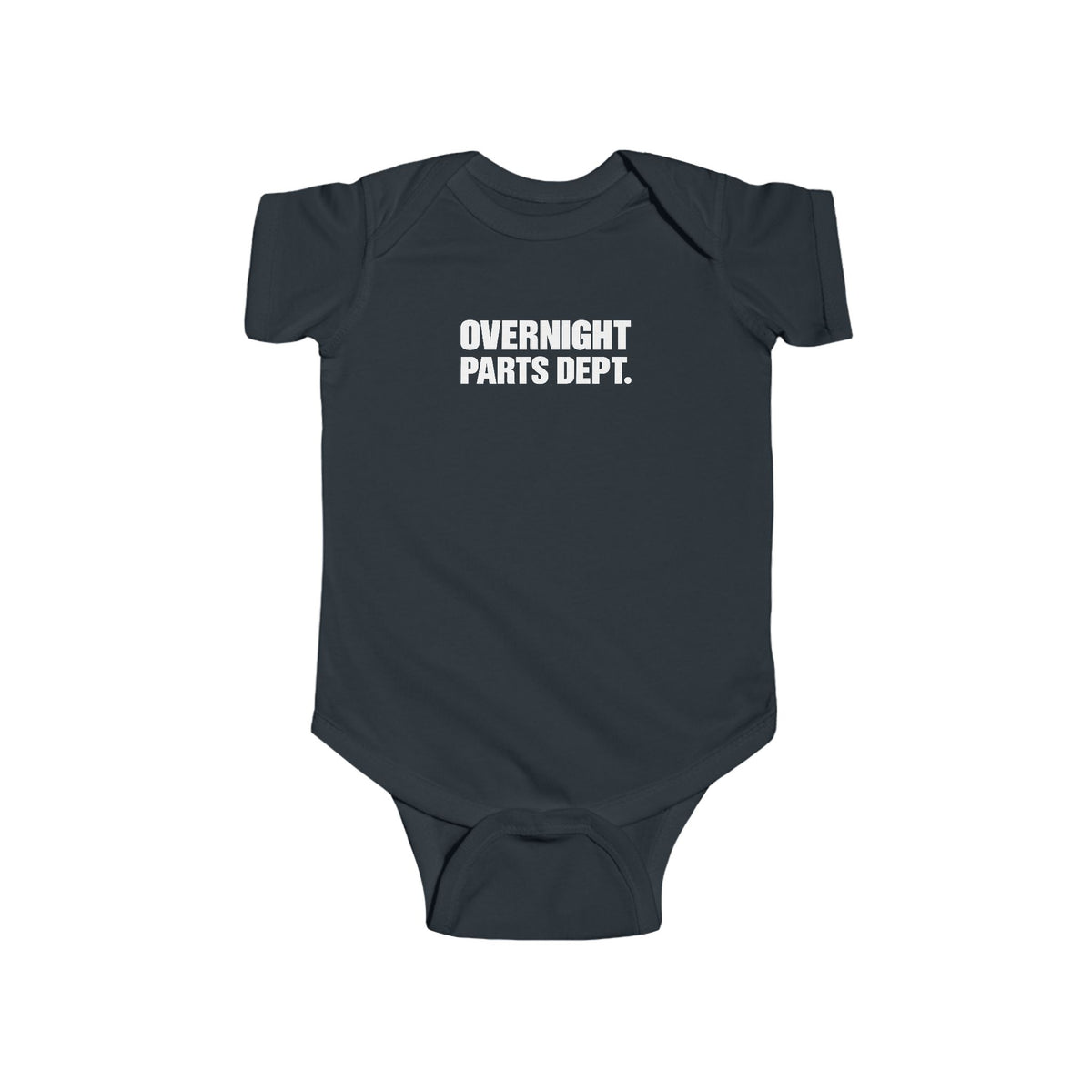 Black baby bodysuit with short sleeves and front text print