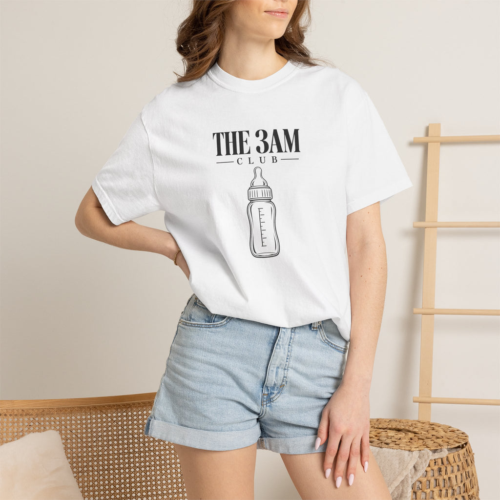 White crew-neck baby bottle T-shirt with “THE 3AM CLUB” front graphic